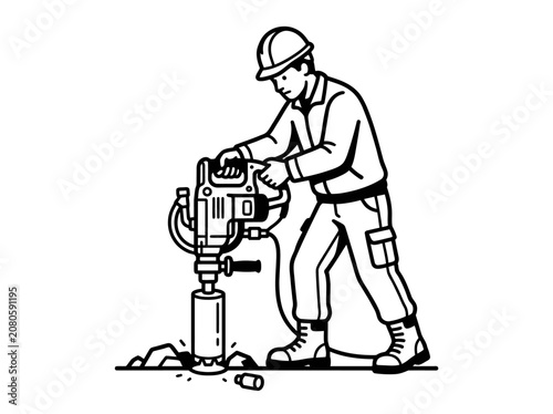Worker operates heavy drilling machine on construction site with caution