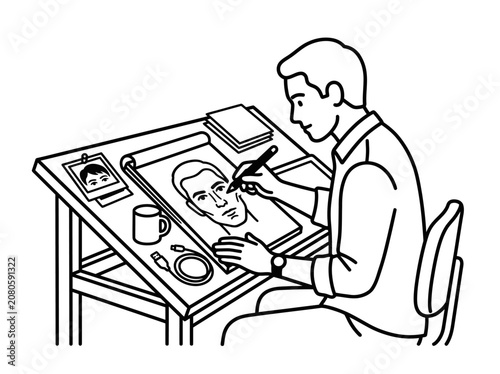 An artist drawing a Vector portrait on a desk with tools and a chair