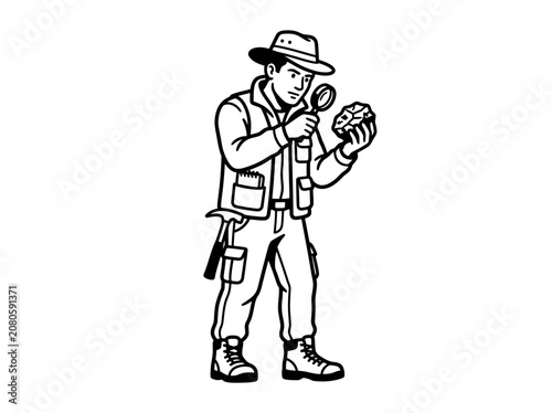 Man wearing a vest and hat examines a magnifying glass and Vector on a sunny day outdoors.
