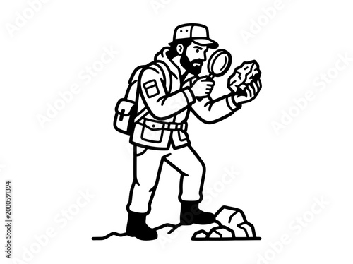 Man holds vector map and compass walking on rocky ground in landscape
