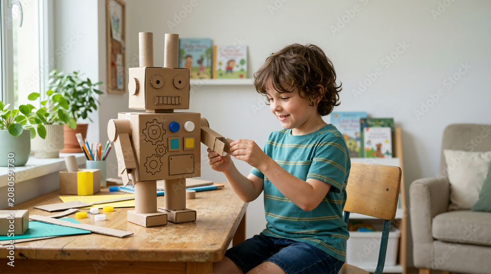 Young boy crafting a cardboard robot at a wooden desk. Creative child building a toy from recycled materials in a bright room