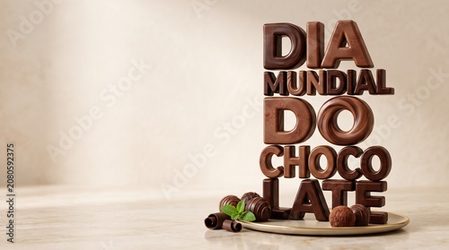 Letreiro vertical tridimensional em chocolate texturizado com acabamento refinado para campanhas sofisticadas do Dia Mundial do Chocolate