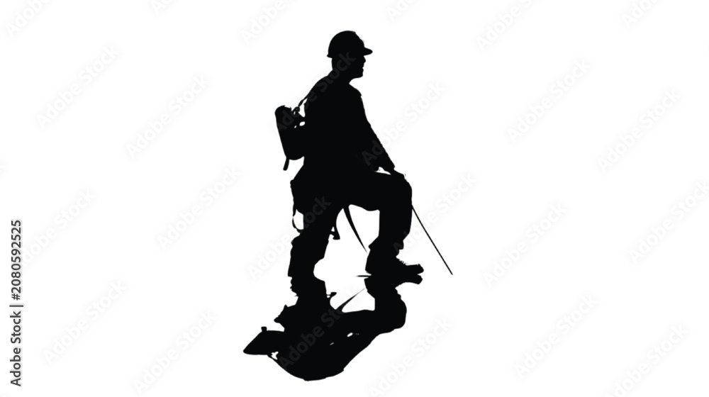 Fototapeta premium Construction worker stands in profile wearing a protective hard hat and carrying a tool bag on his shoulder.