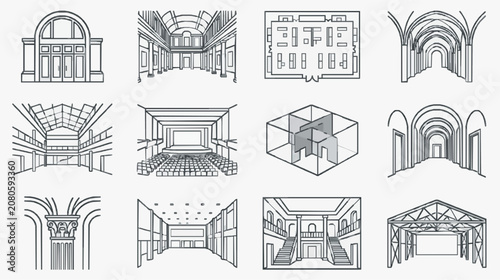 Εκτύπωση καμβά Minimalist Black and White Architectural Line Drawing Collection of Grand Entran