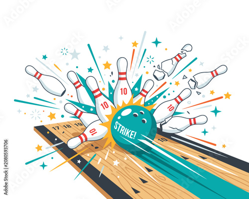 Obraz na plátně Bowling strike illustration with flying pins and ball on a wooden alley lane