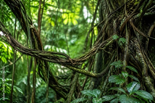 Lianas and aerial roots of rainforest plants intricately intertwined.
