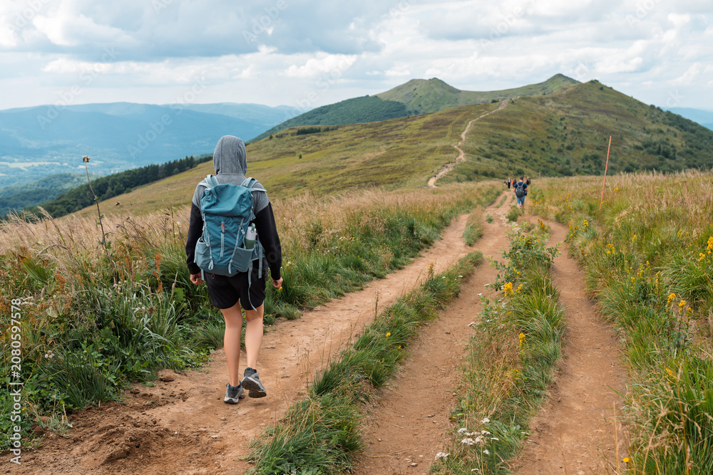 Fototapeta premium Back View of a Female Hiker with a Backpack and Hooded Sweatshirt Walking on a Mountain Ridge Dirt Trail Toward Distant Green Peaks