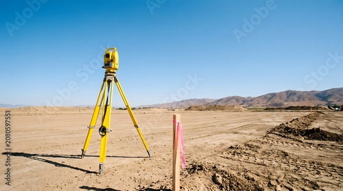 Surveying equipment on a tripod set up on a construction site with a wooden stake and mountains in the background