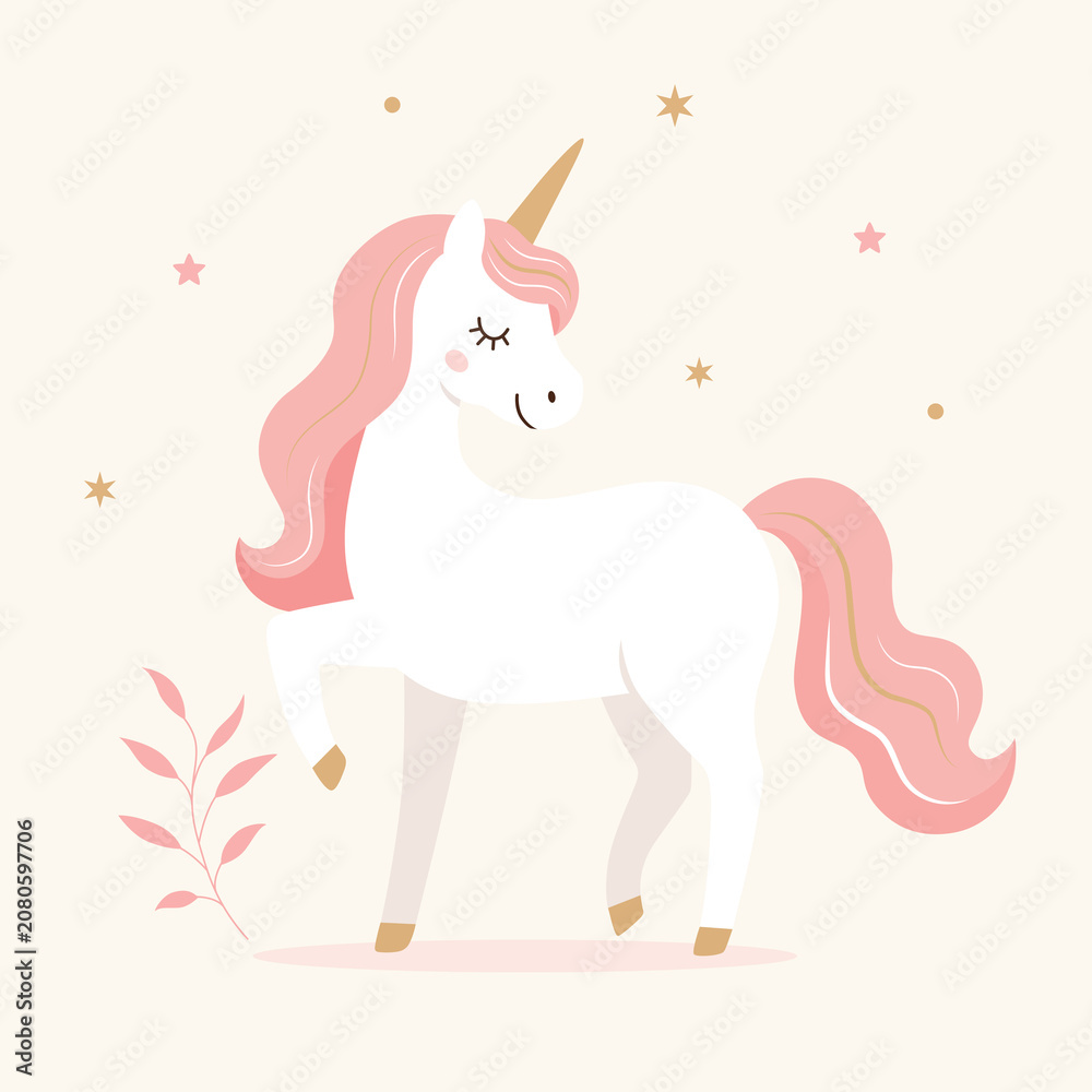 Obraz premium Adorable pastel unicorn illustration featuring a white unicorn with a flowing pink mane and tail, golden horn, stars, and decorative leaves. Clean flat vector style perfect for nursery wall art, child