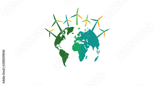 Global Wind Energy Concept with Earth Globe and Wind Turbines Illustration