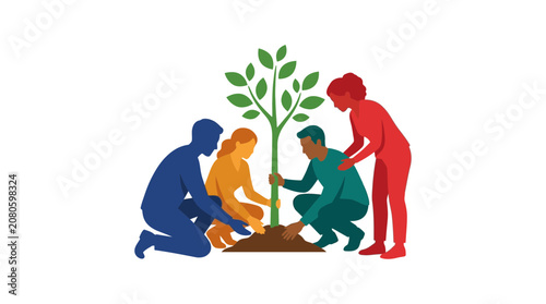 Group of Diverse People Planting a Young Tree Together