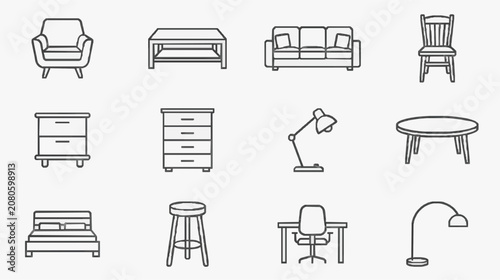 Photos Dynamic Minimalist Line Drawing Set of Modern Furniture and Home Office Essentia