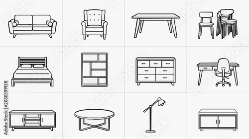 Bild auf Leinwand Industrial Style Black and White Line Drawing Furniture Set Including Sofa Armch