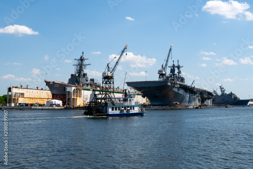 Photography Elizabeth River Ferry Passing Naval Shipyard, Portsmouth Virginia