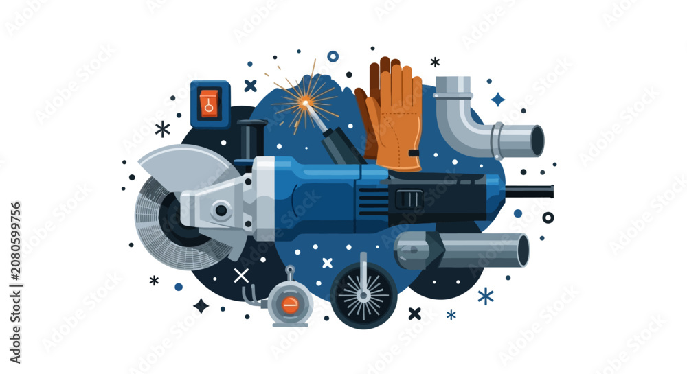 Obraz premium Industrial Metalworking Tools Illustration with Angle Grinder, Welding Torch, Safety Gloves, and Pipes - Vector Graphic for Construction and DIY Maintenance Services