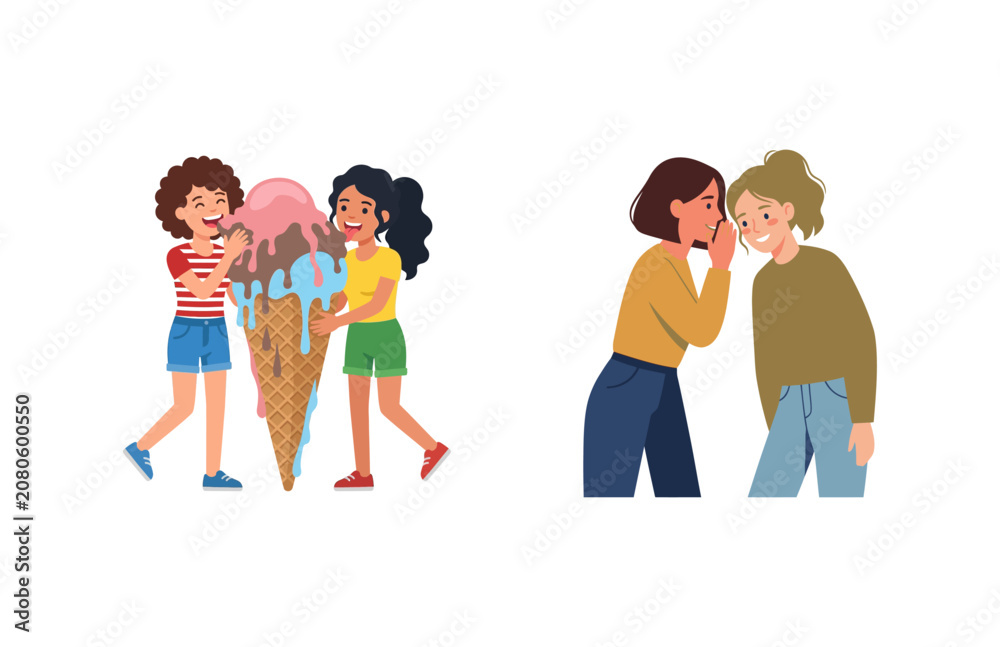 Naklejka premium Happy Girls Sharing Large Ice Cream Cone and Two Friends Whispering Secrets Together