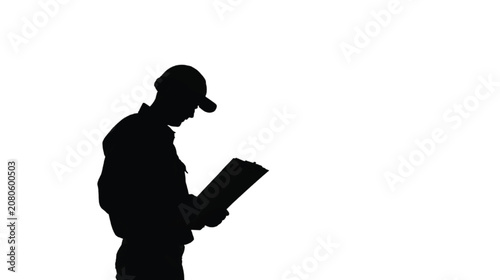 Supervisor wearing a hard hat examines technical blueprints or project reports in a clean studio environment.