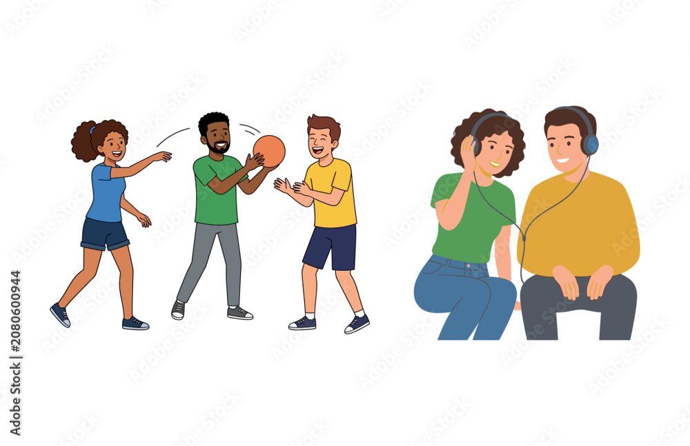Obraz premium Diverse Group of Young Friends Playing Basketball and Listening to Music Together