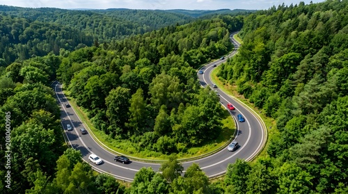 Winding road through a dense forest with cars driving on it