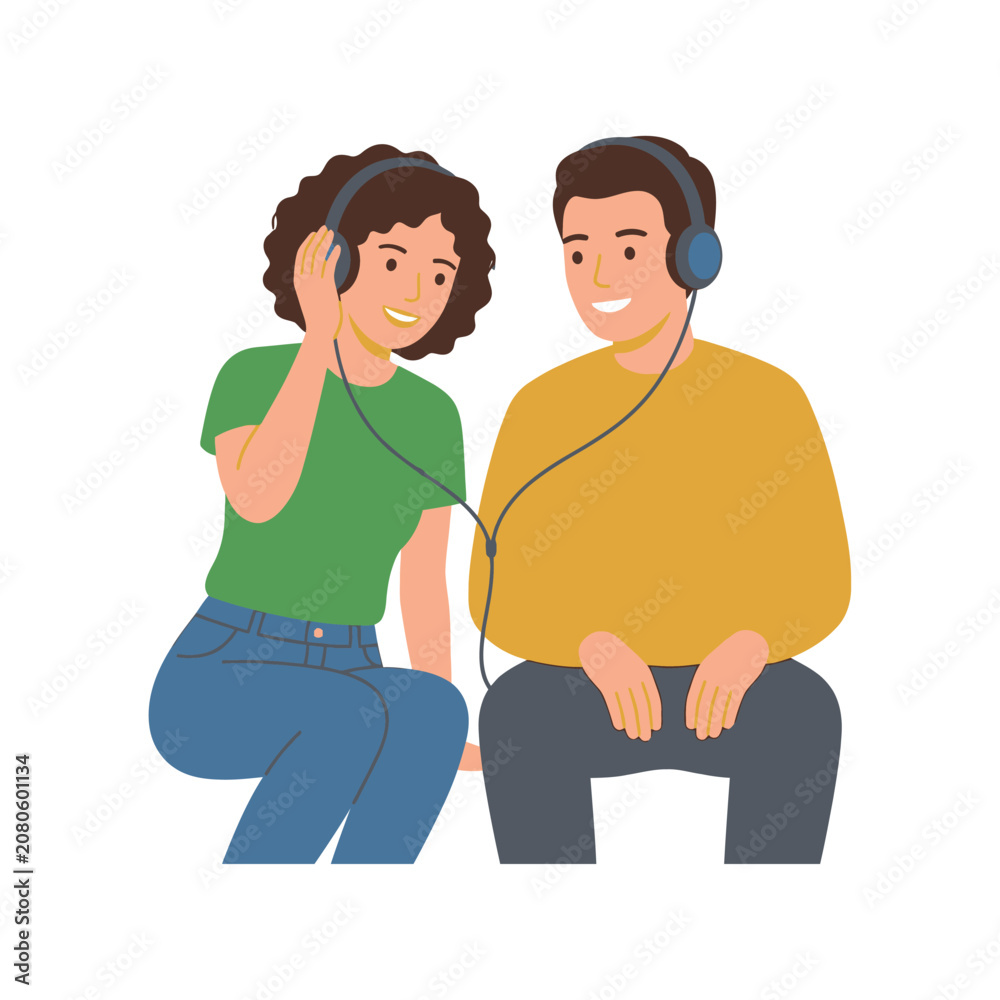 Fototapeta premium Young Couple Sharing Wired Headphones While Listening to Music Together