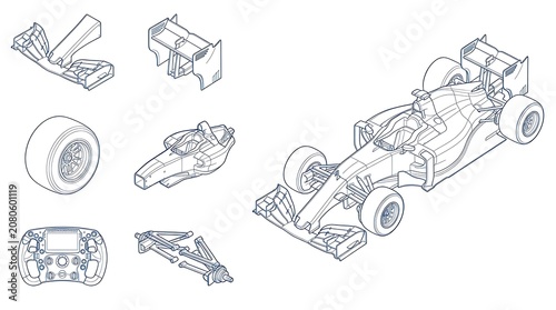 Isometric formula racing car assembly diagram with detached components and technical line art parts