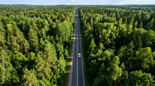 Aerial view of a white car driving on a straight road through a dense green forest