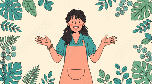 A cartoon woman in an apron surrounded by leaves.