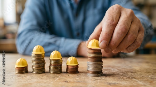 Stacks of coins with construction hats on a wooden table