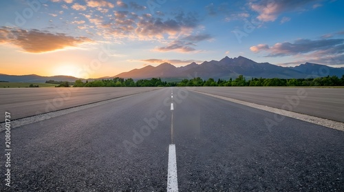 Empty asphalt highway leading to mountain range at sunset