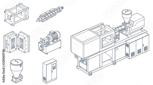 Isometric plastic injection molding machine diagram with individual components