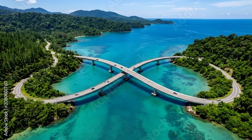 Seychelles elevated aerial view of intersecting bridges and turquoise water