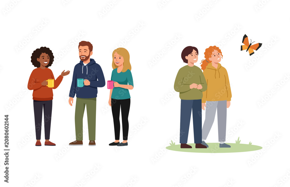 Obraz premium Diverse Group of People Socializing and Friends Enjoying Nature Outdoors Illustration