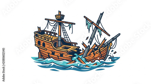 Photos Broken wooden sailing ship wrecked in the ocean waves.