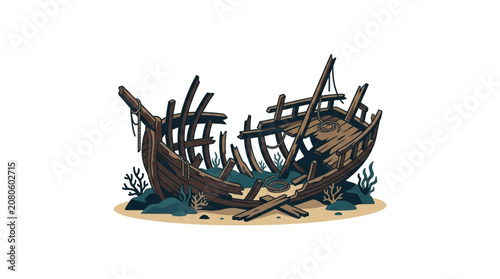 Photos Broken Wooden Shipwreck on Sandy Shoreline with Seaweed.