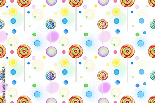 A pattern of colorful lollipops on a purple background