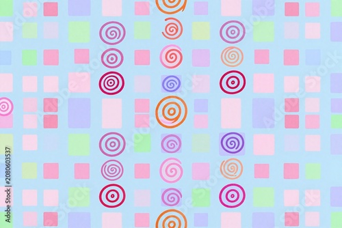 A pattern of colorful swirls on a blue background