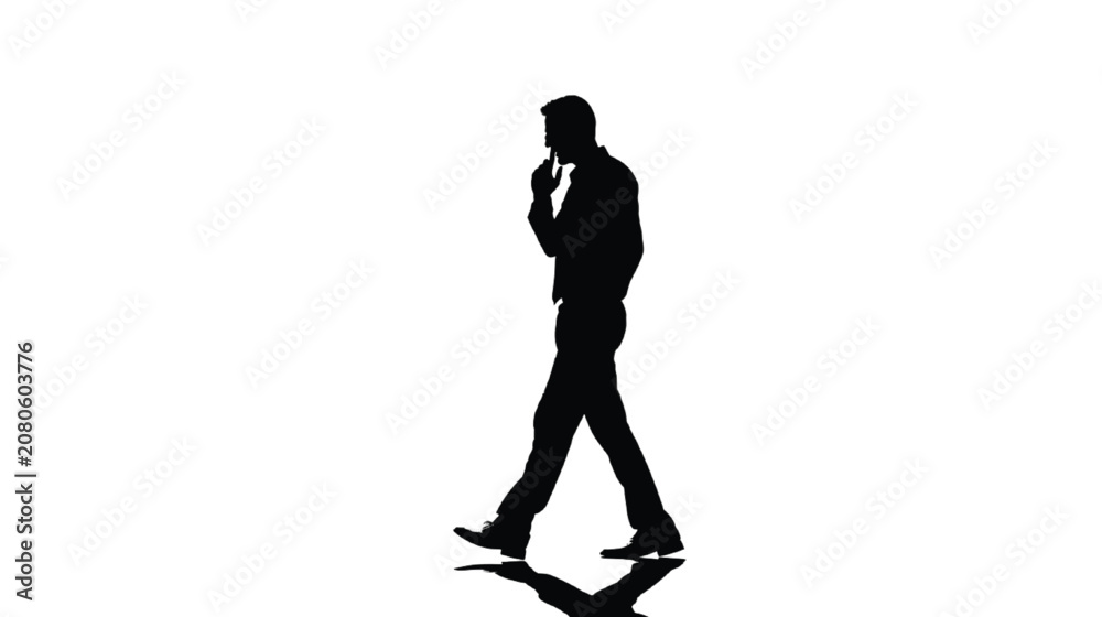Obraz premium Businessman walking forward in profile while holding a mobile phone to his ear against a white backdrop.