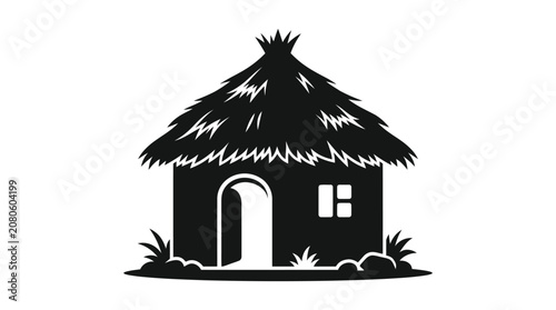 Bild auf Leinwand Thatched roof hut silhouette on a white background simple graphic design