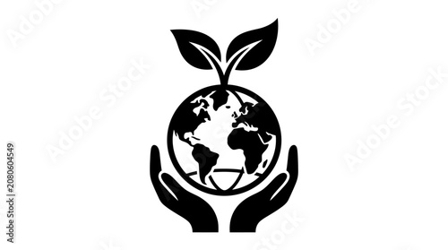 Cuadro en lienzo Earth in hands with leaves black silhouette on white background