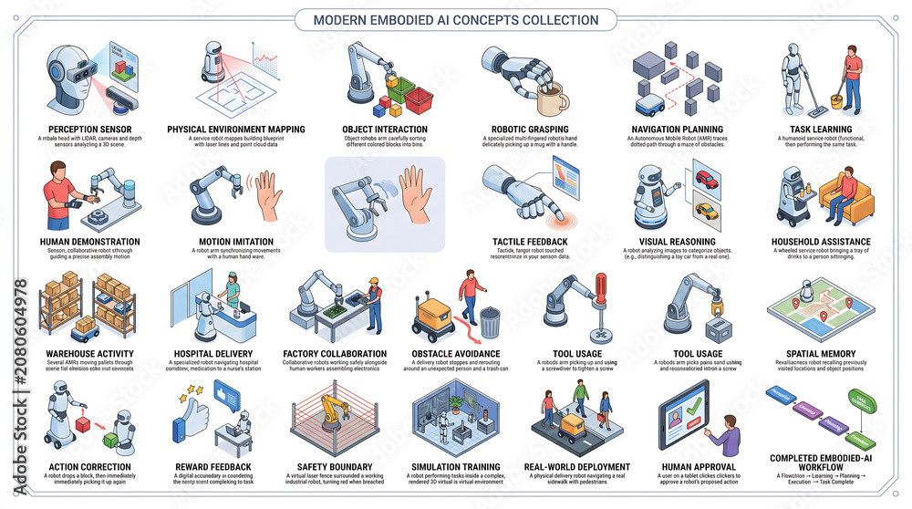 Fototapeta premium Comprehensive Collection of Modern Robotics and AI Concepts Automation, Smart Manufacturing, and Human-Robot Interaction Solutions