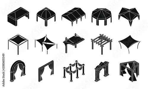 Isometric outdoor canopy and tent icons for event shelter set