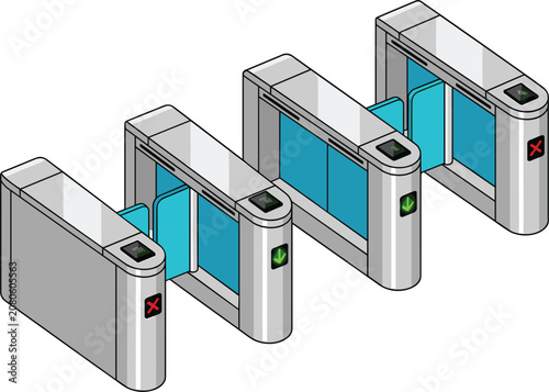 Isometric Turnstile Security Gates with Automatic Glass Barriers, Access Control Systems, and Led Indicators for Subway Stations and Office Entrances