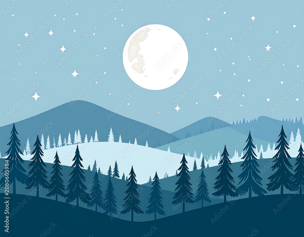 Obraz premium Halloween Illustration And Painting Spooky Minimalist Full Moon Over Mountain Forest Landscape at Night Flat Illustration Featuring Tranquil Starry Sky And Pine Trees