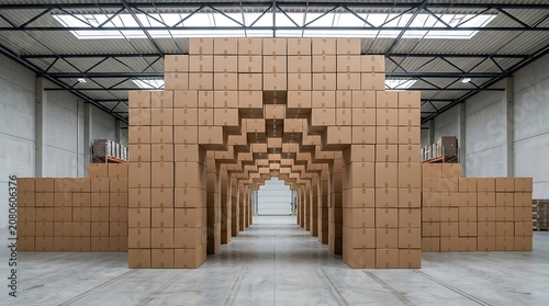 A large cardboard box maze stands in an industrial warehouse interior with a pathway leading through it.