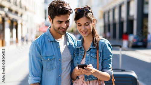 Young couple using smartphone on city street, smiling outdoors