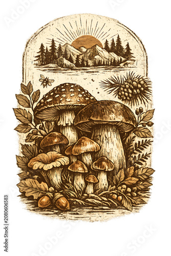 Vintage hand drawn botanical illustration of mushrooms and forest with mushrooms botanical illustration woodland mountains landscape engraving mycology monochrome detailed pinecone textured