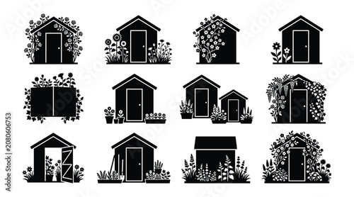 Cuadro en lienzo Backyard Garden Shed Silhouette Icon Collection, Isolated Outdoor Storage Cabin