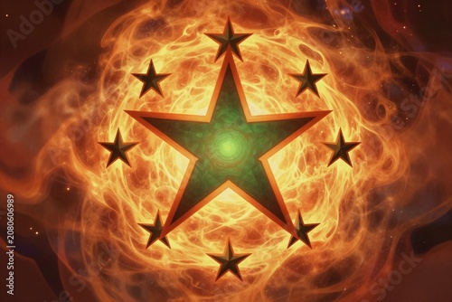 A pentagram on fire with a black background