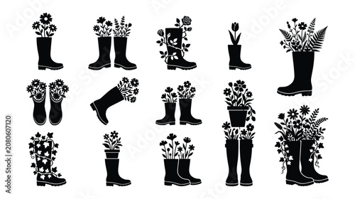 Gumboots Flower Vase Silhouette Icon Collection, Isolated Rain Boots with Blooming Botanical Garden Shrub Vector Elements for Spring Floral Branding