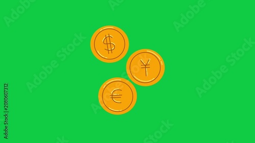 3D Dollar Euro and Yen Coins on Green Screen. Three golden 3D currency coins showing dollar euro and yen symbols animating on green screen chroma key background.